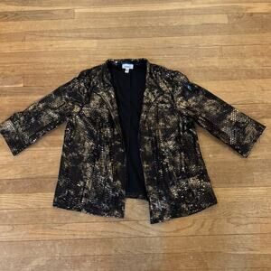 Dress Barn black gold wet look 3/4 sleeve open front jacket size 14
 b10